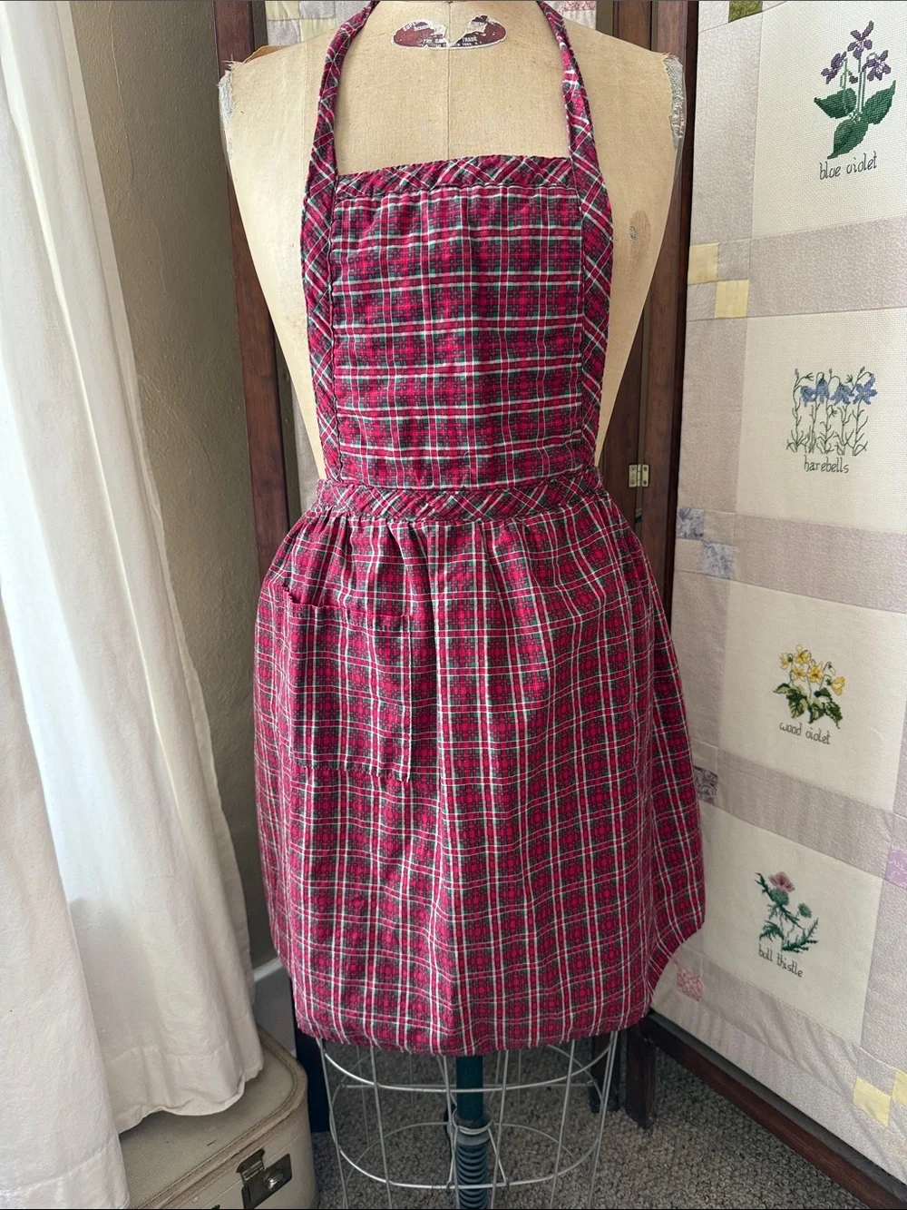 Vintage Handmade Plaid Full Bib Apron Red Green Cotton Christmas Kitchen